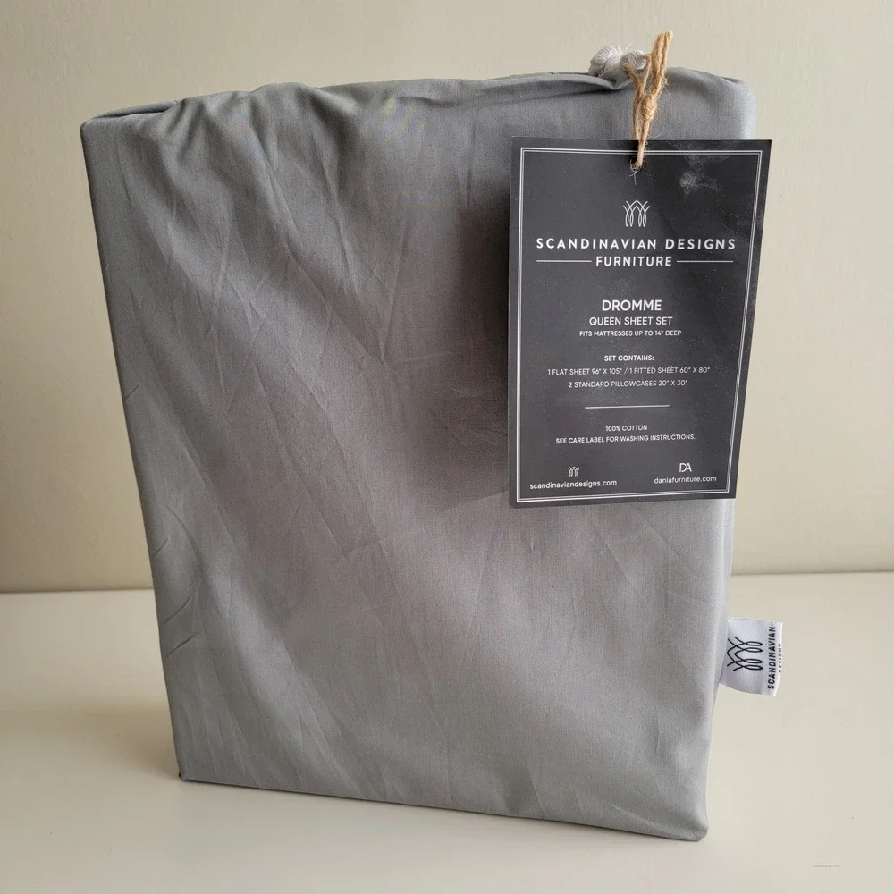 Scandinavian Designs Dromme Sheet Set Queen Grey Cotton 4pc 14in Deep Pocket NEW